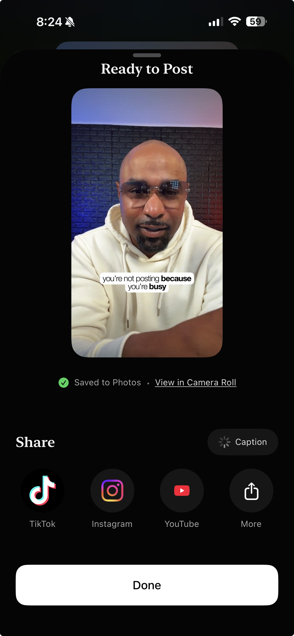 Megaphone Ready to Post screen with TikTok, Instagram, YouTube, and More sharing options